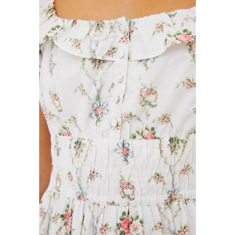 LoveShackFancy Terrence Dress M Vanilla Kisses Floral Smocked Puff Sleeve Maxi - Picture 10 of 16